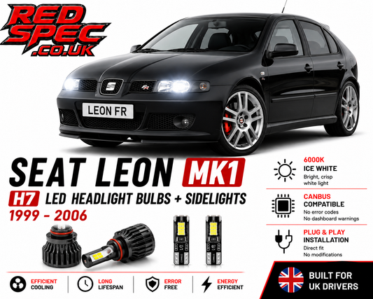 SEAT Leon MK1 H7 LED Headlight Bulbs + Sidelights 1999-2006 6000K Ice White