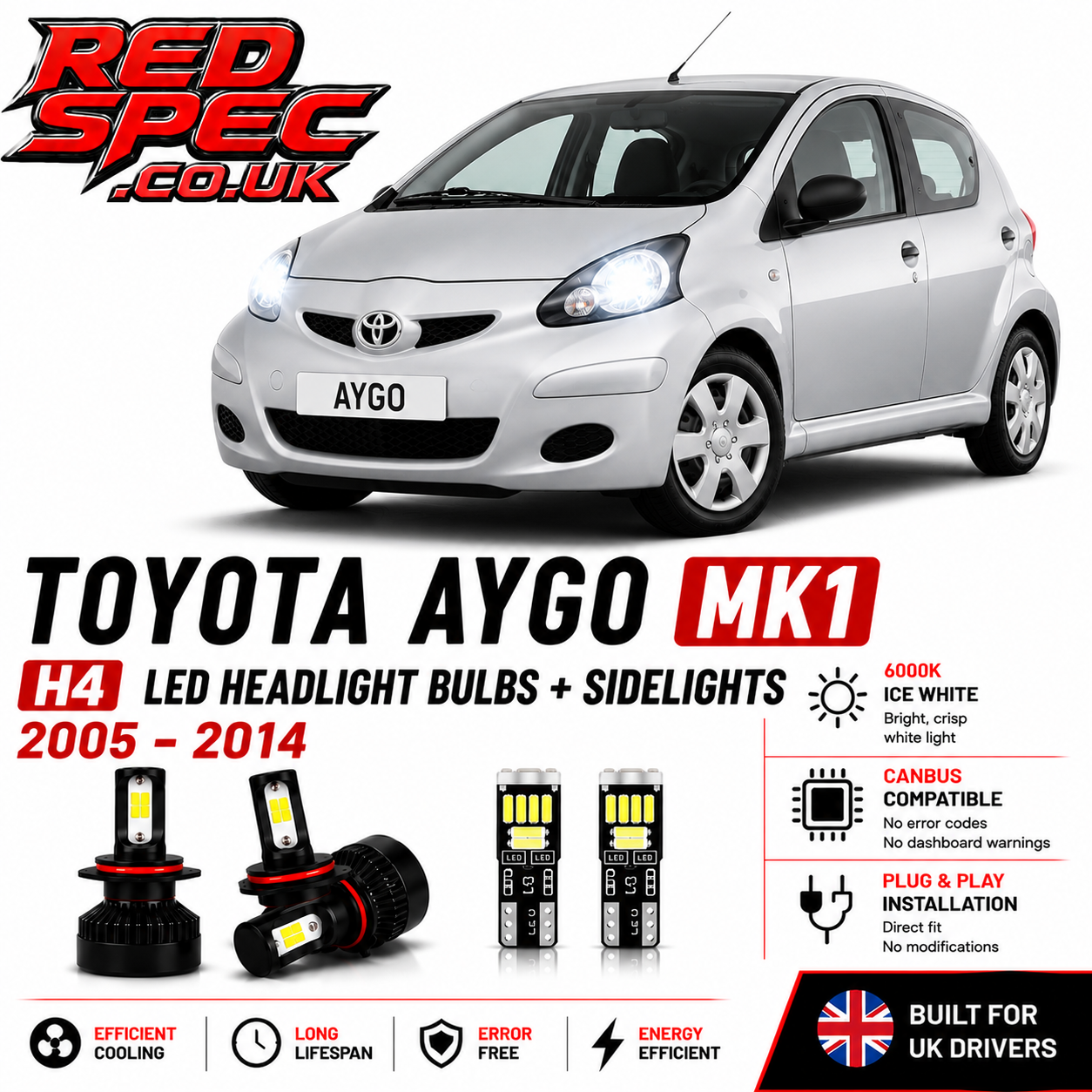 Toyota Aygo MK1 H4 LED Headlight Bulbs + Sidelights 2005-2014 6000K