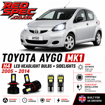 Toyota Aygo MK1 H4 LED Headlight Bulbs + Sidelights 2005-2014 6000K