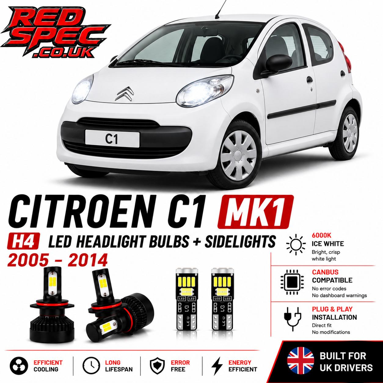 Citroen C1 MK1 H4 LED Headlight Bulbs + Sidelights 2005-2014 6000K