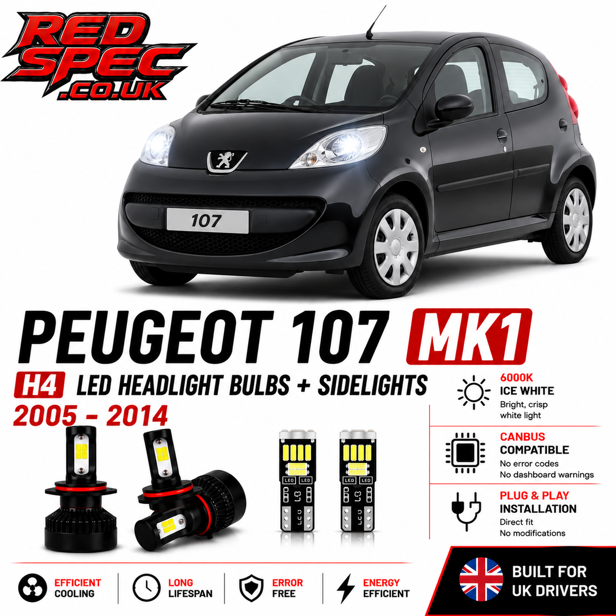 Peugeot 107 MK1 H4 LED Headlight Bulbs + Sidelights 2005-2014 6000K