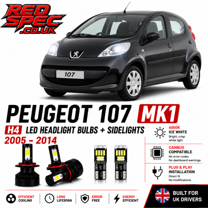 Peugeot 107 MK1 H4 LED Headlight Bulbs + Sidelights 2005-2014 6000K