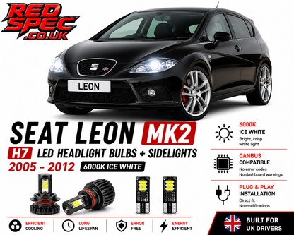 SEAT Leon MK2 H7 LED Headlight Bulbs + Sidelights 2005-2012 6000K Ice White