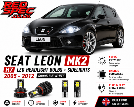 SEAT Leon MK2 H7 LED Headlight Bulbs + Sidelights 2005-2012 6000K Ice White