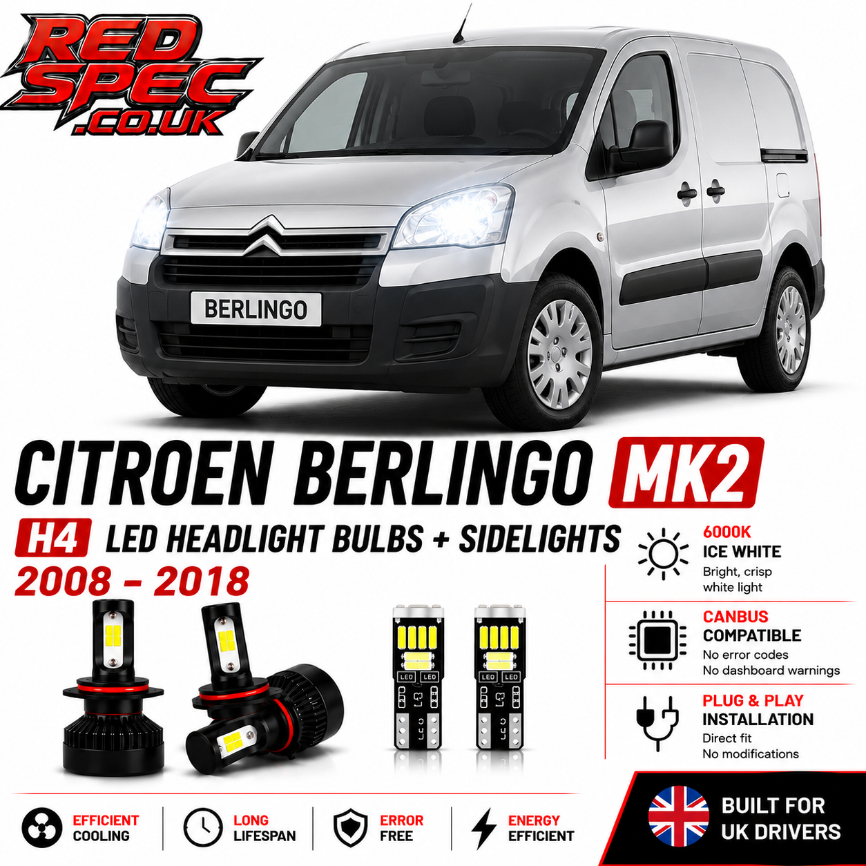 Citroen Berlingo MK2 H4 LED Headlight Bulbs + Sidelights 2008-2018 6000K