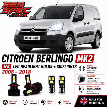 Citroen Berlingo MK2 H4 LED Headlight Bulbs + Sidelights 2008-2018 6000K
