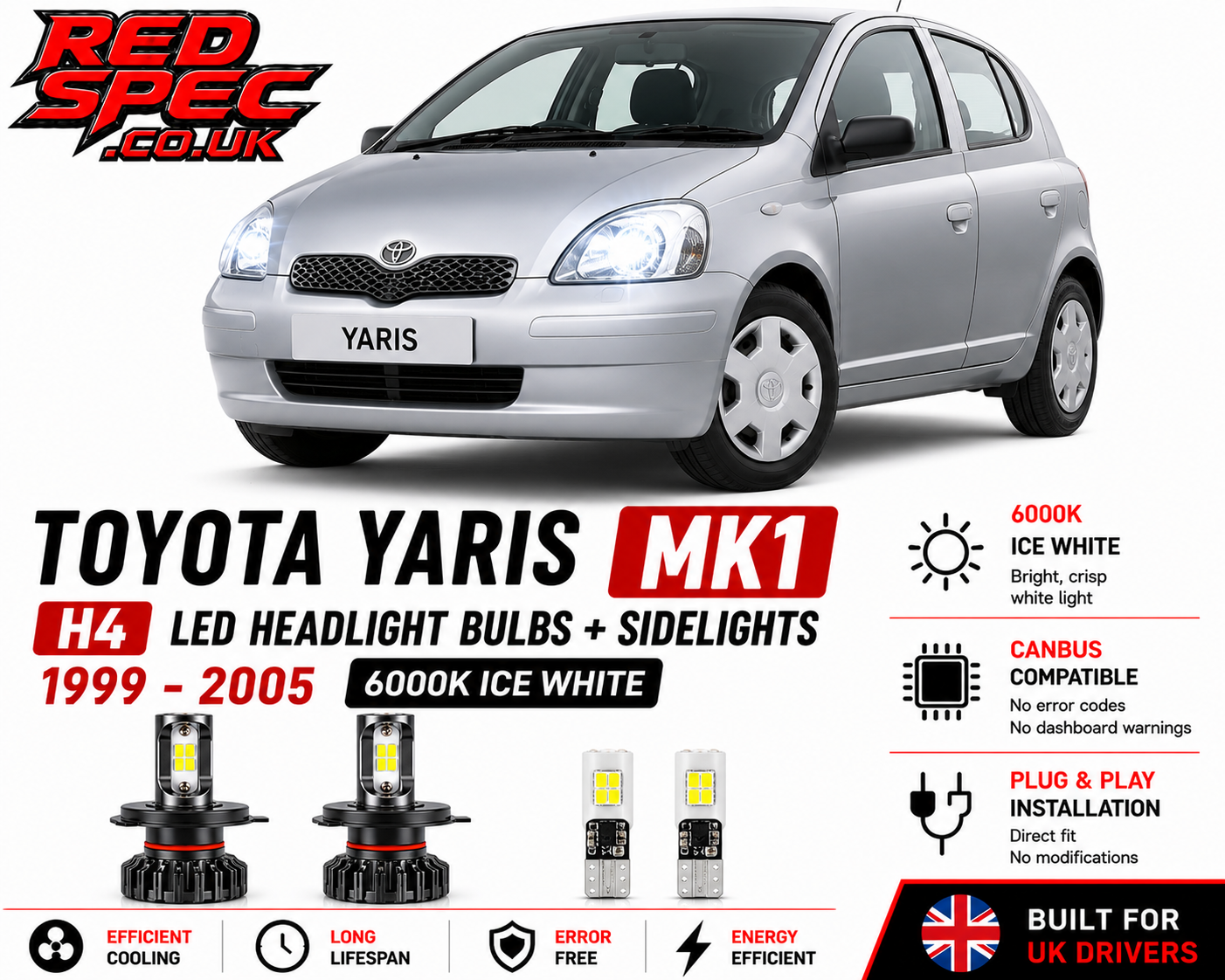 Toyota Yaris MK1 H4 LED Headlight Bulbs + Sidelights 1999-2005 6000K Ice White