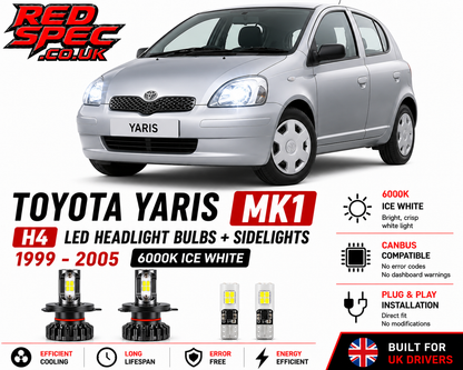 Toyota Yaris MK1 H4 LED Headlight Bulbs + Sidelights 1999-2005 6000K Ice White