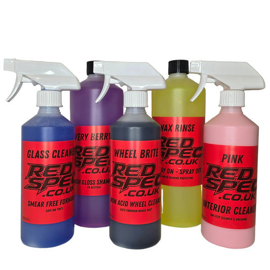 RedSpec Ultimate Detailing Bundle – Shampoo, Wheel Cleaner, Wax Rinse, Interior & Glass Kit