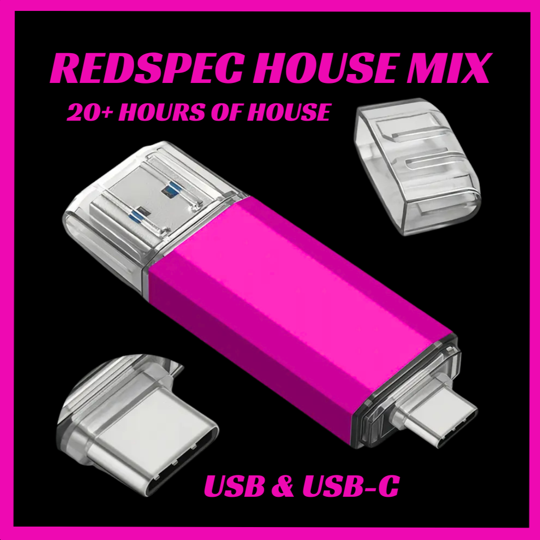 Pink USB drive with 'Redspec House Mix' text on a black background
