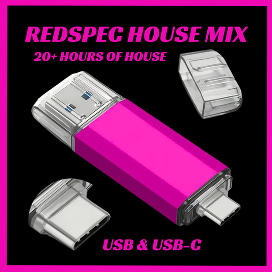 Pink USB drive with 'Redspec House Mix' text on a black background